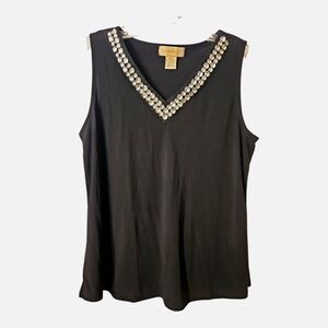 Diana Belle Black Sleeveless Crystal Embellished V Neck Top; Size M